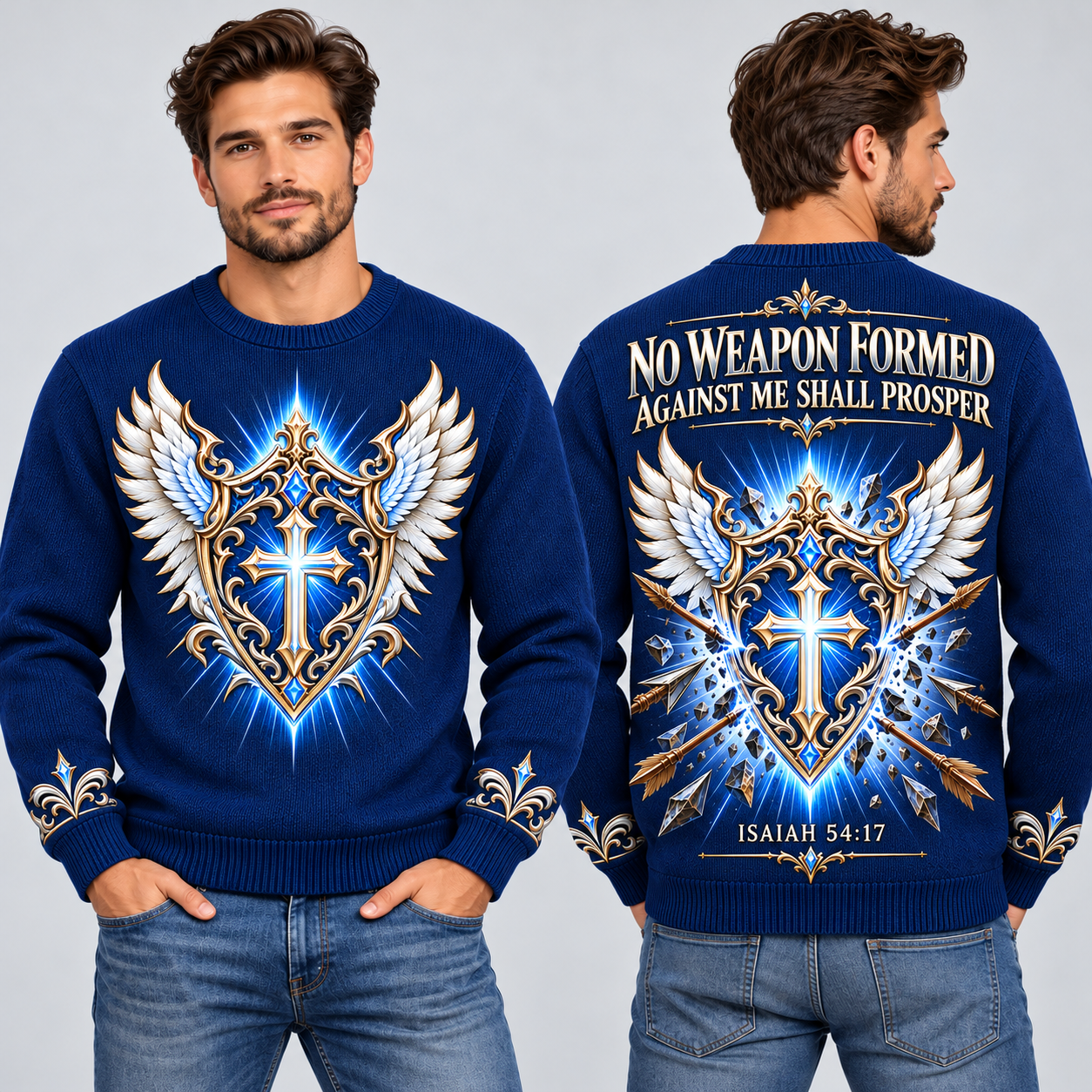 No Weapon Formed – Crowned Victory Royal Blue Christian Sweater