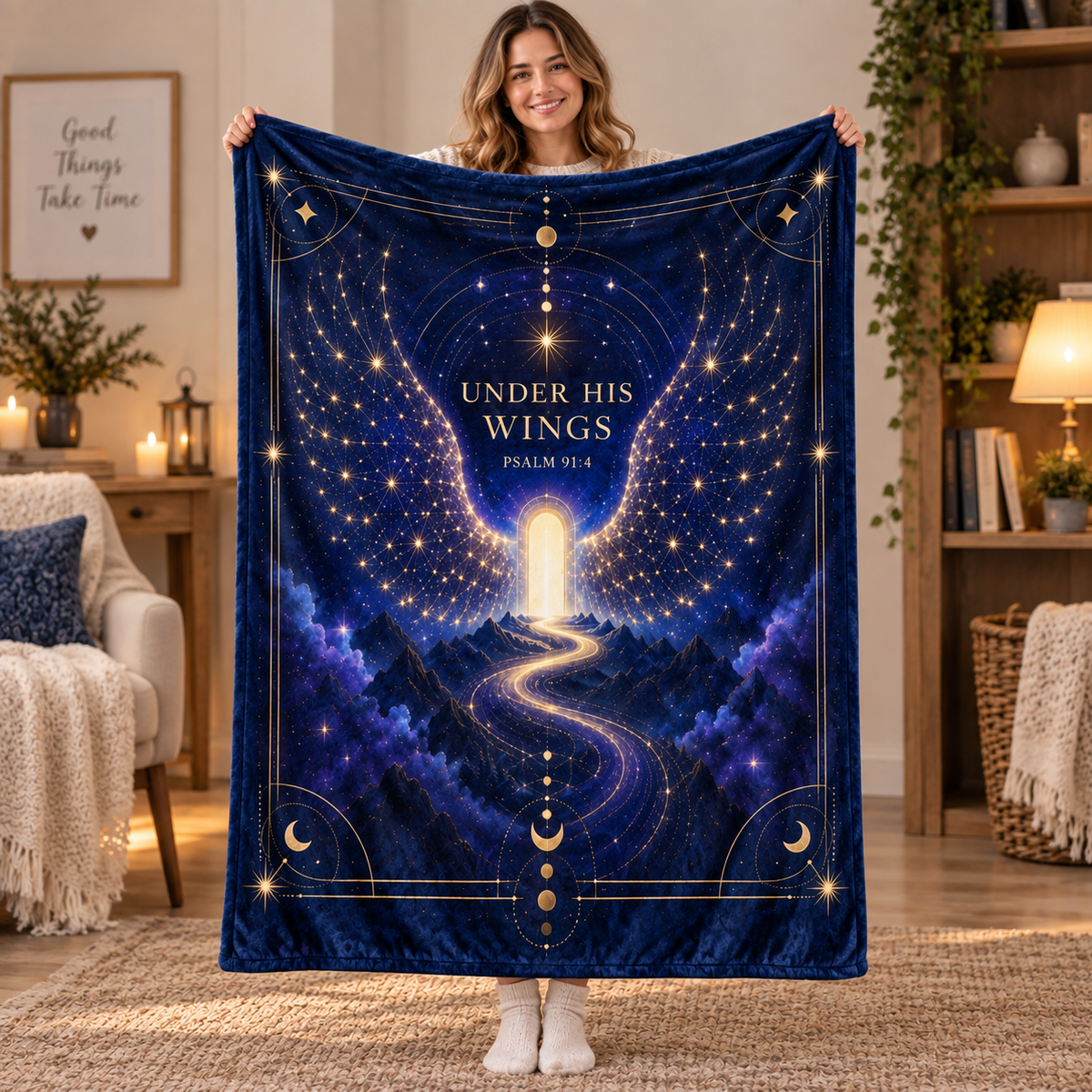 "Under His Wings" Psalm 91:4 Celestial Starry Pathway Throw Blanket – Glowing Constellation Art