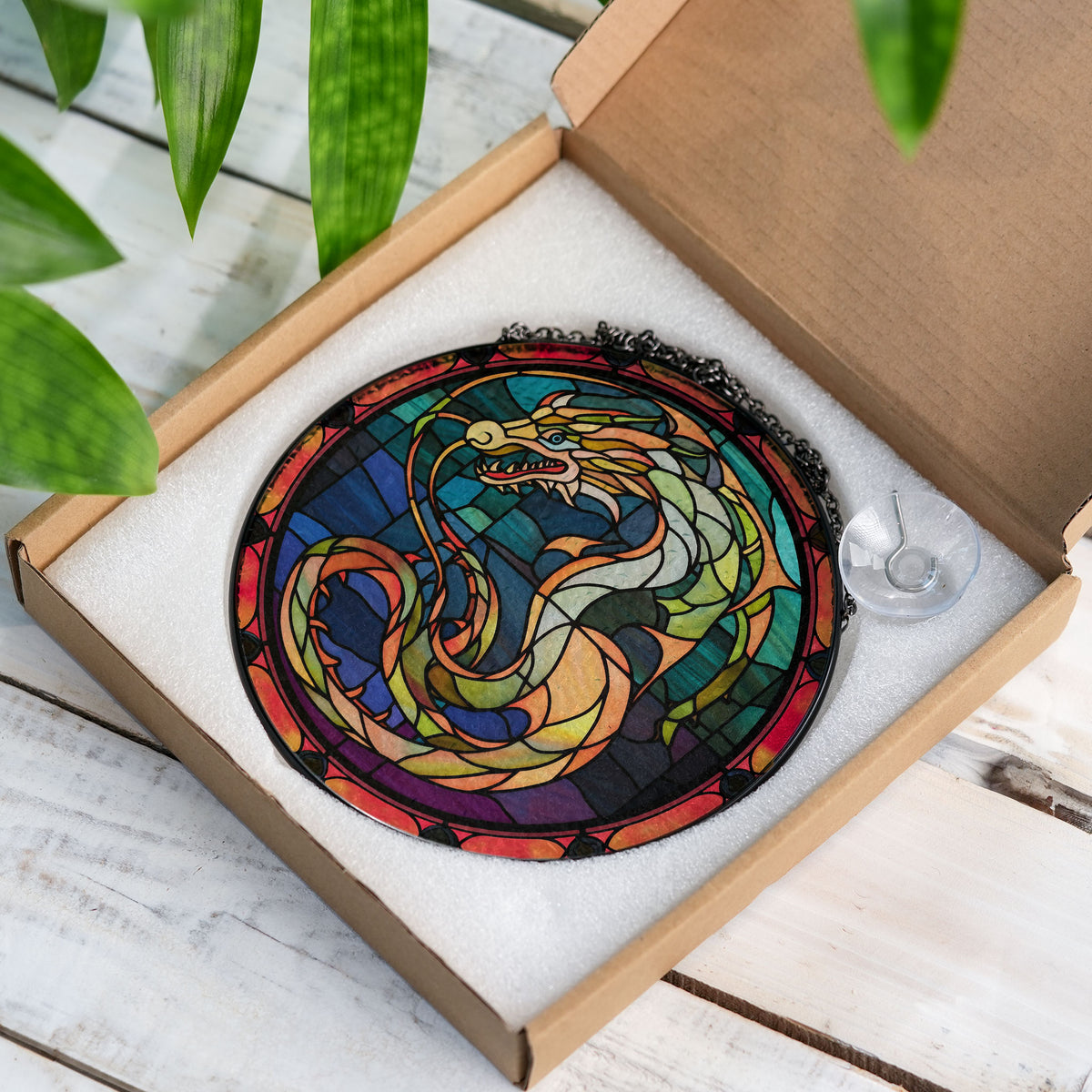 Dragon of the Mystic Moon Stained Glass Window Hanging Suncatcher