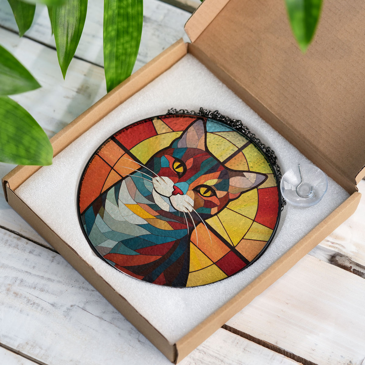 Flame-Touched Feline Stained Glass Window Hanging Suncatcher