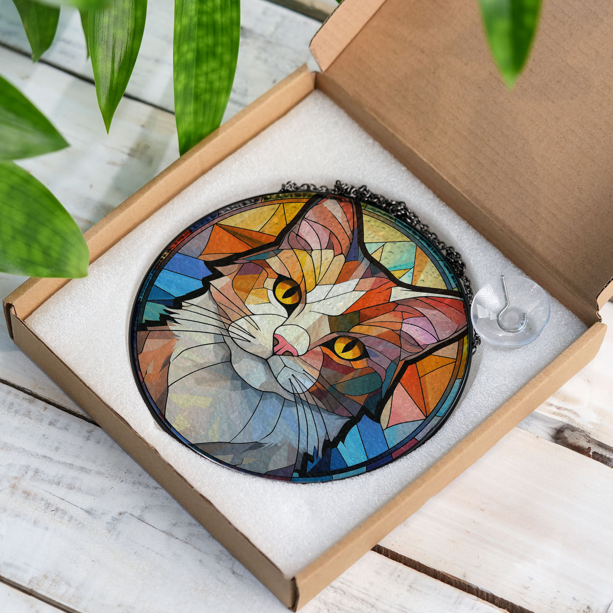 Celestial Cat Stained Glass Window Hanging Suncatcher