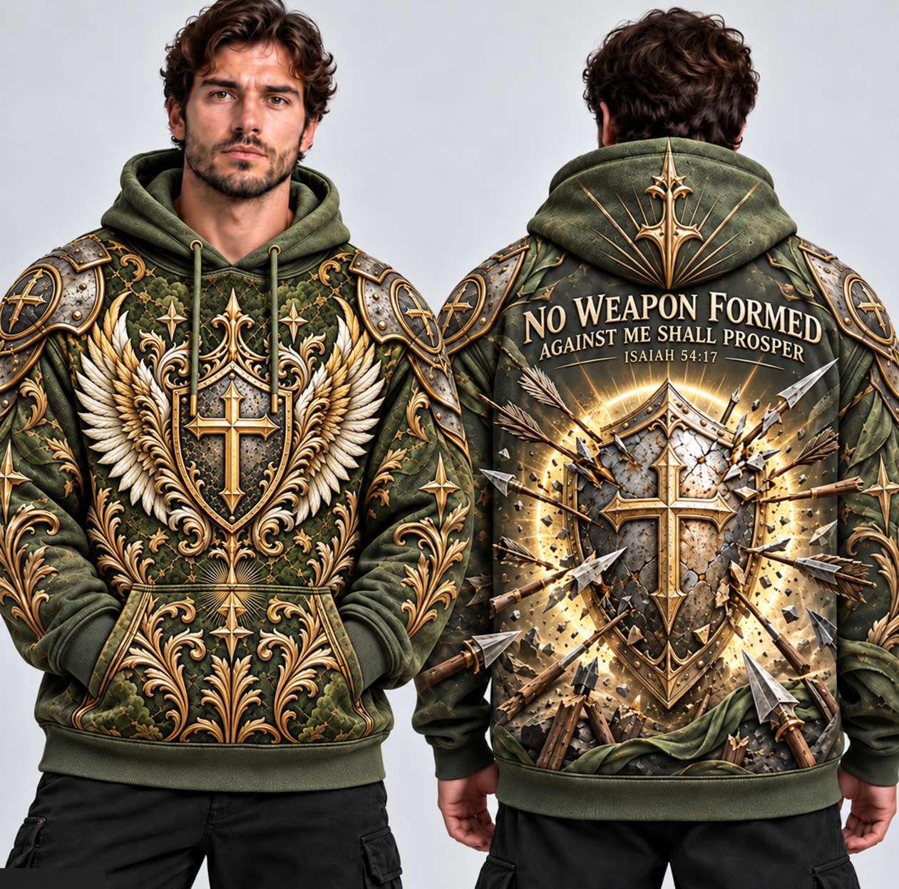 No Weapon Formed Warrior Shield Christian Hoodie – Olive Green