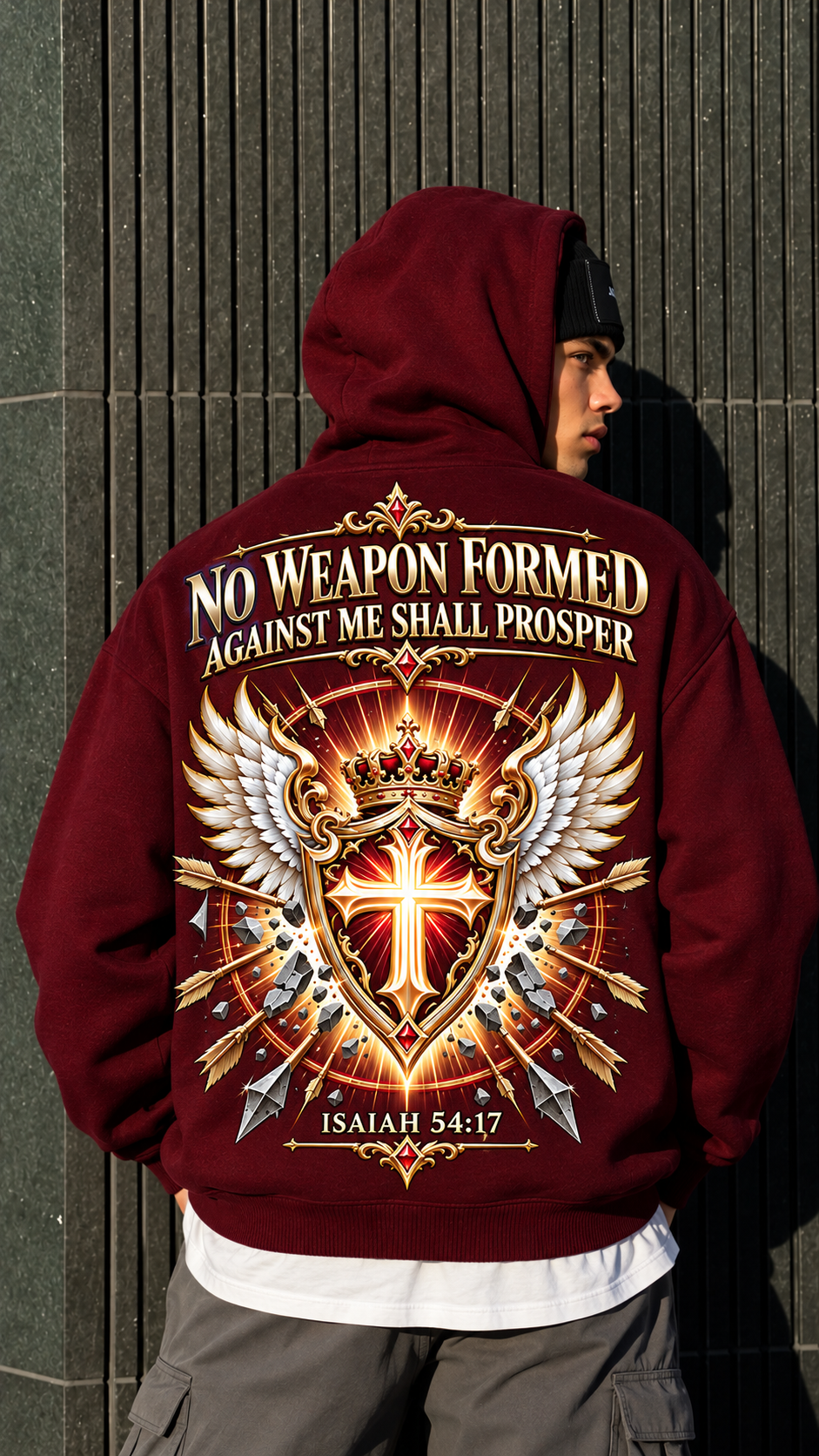 No Weapon Formed – King’s Armor Burgundy Christian Sweater
