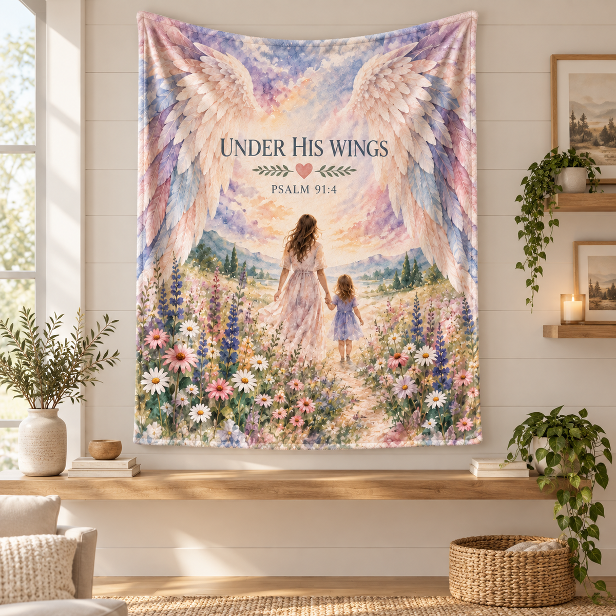 "Under His Wings" Psalm 91:4 Christian Throw Blanket - Mother & Daughter Watercolor Art