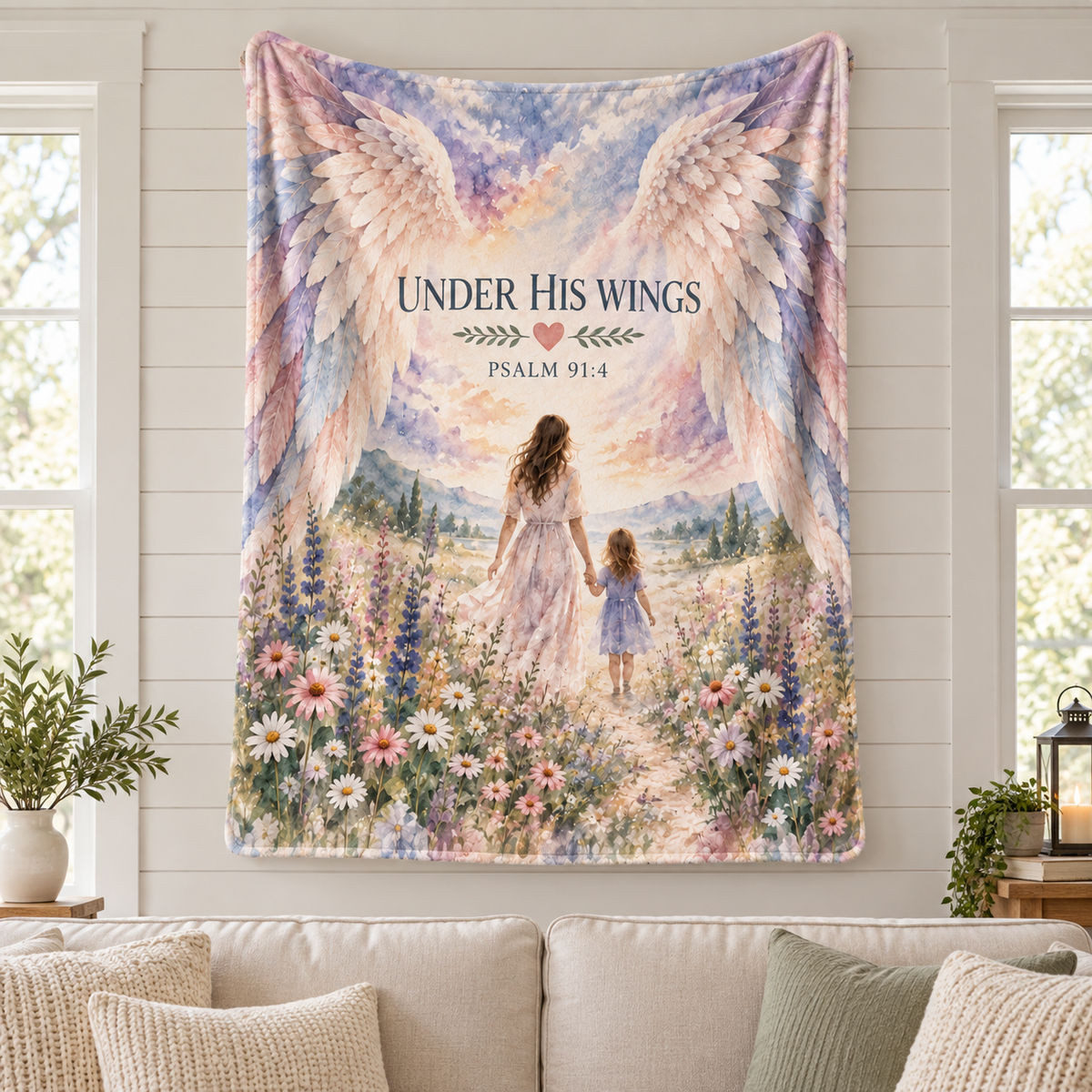 "Under His Wings" Psalm 91:4 Christian Throw Blanket - Mother & Daughter Watercolor Art