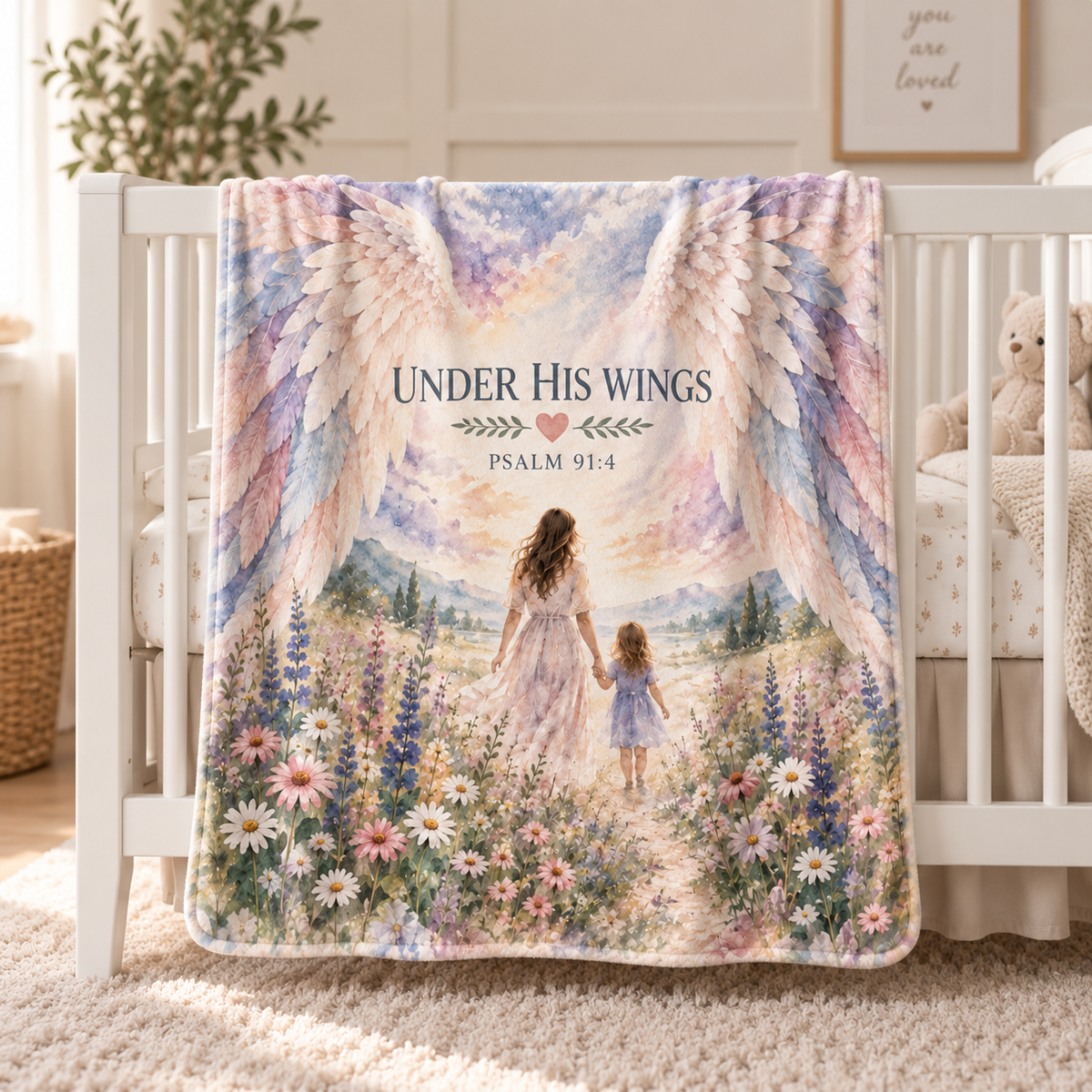 "Under His Wings" Psalm 91:4 Christian Throw Blanket - Mother & Daughter Watercolor Art