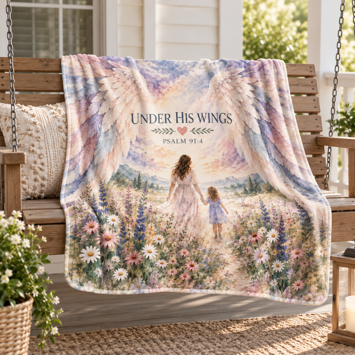 "Under His Wings" Psalm 91:4 Christian Throw Blanket - Mother & Daughter Watercolor Art