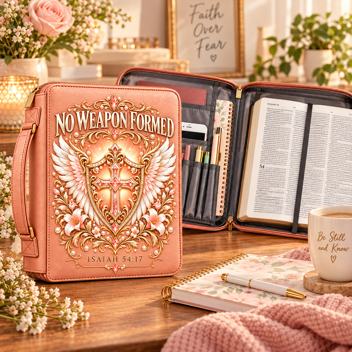 No Weapon Formed – Peach Grace Shield Bible Cover