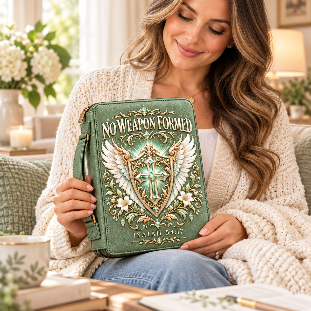 No Weapon Formed – Sage Green Grace Shield Bible Cover