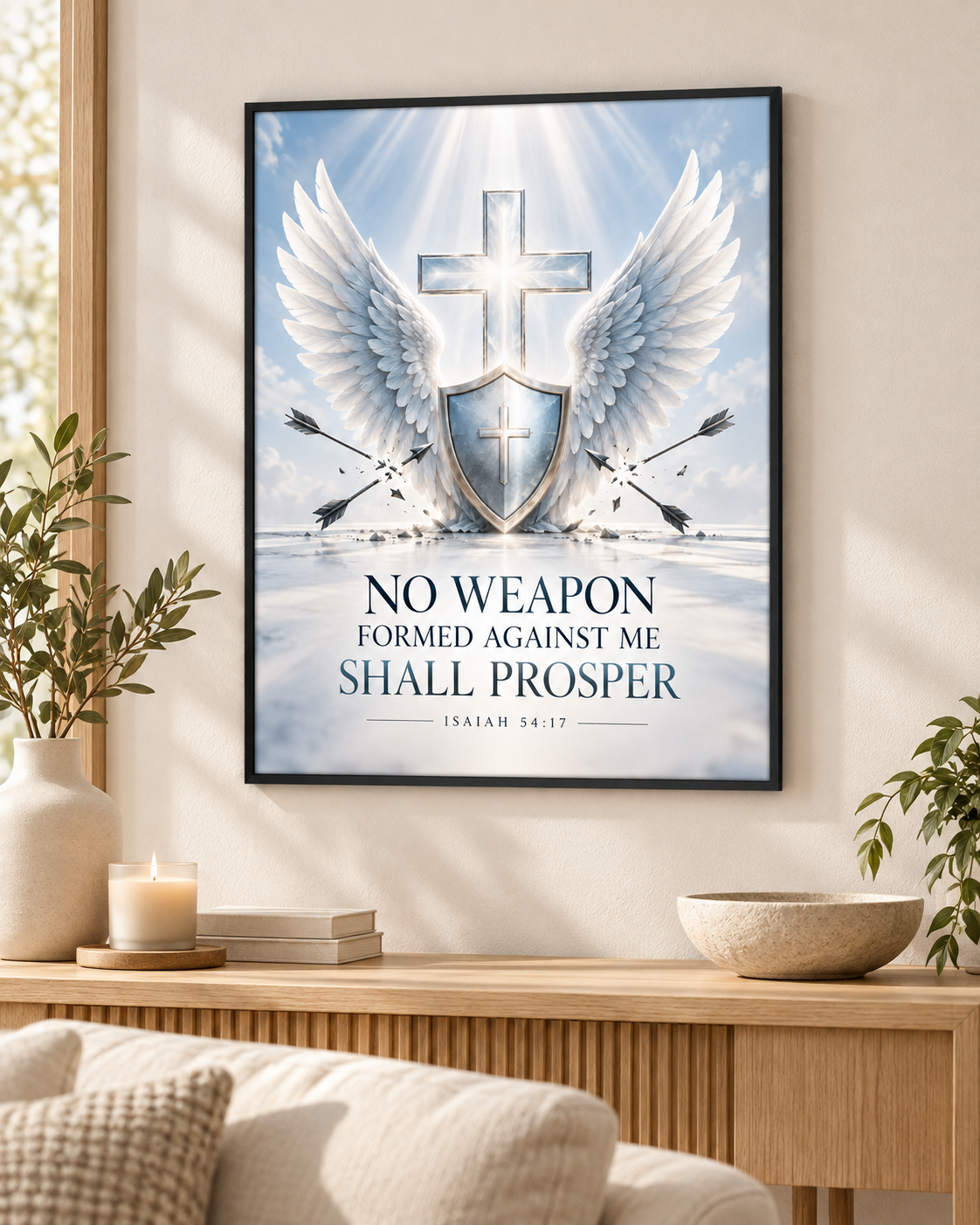 Heavenly White No Weapon Formed Christian Poster – Isaiah 54:17