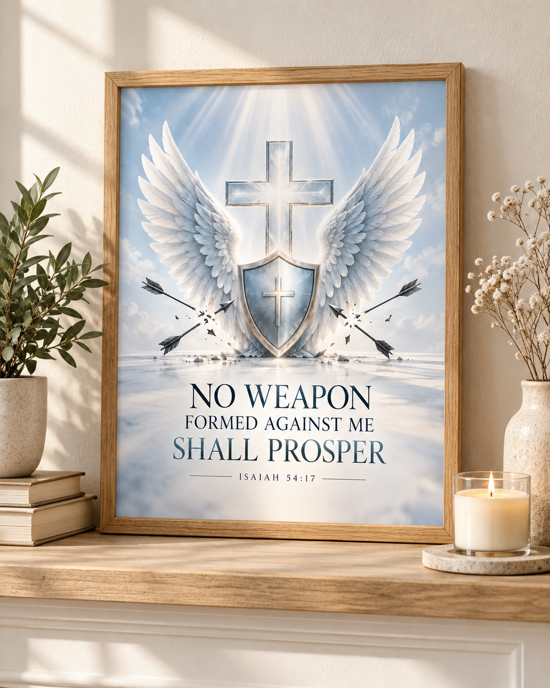 Heavenly White No Weapon Formed Christian Poster – Isaiah 54:17