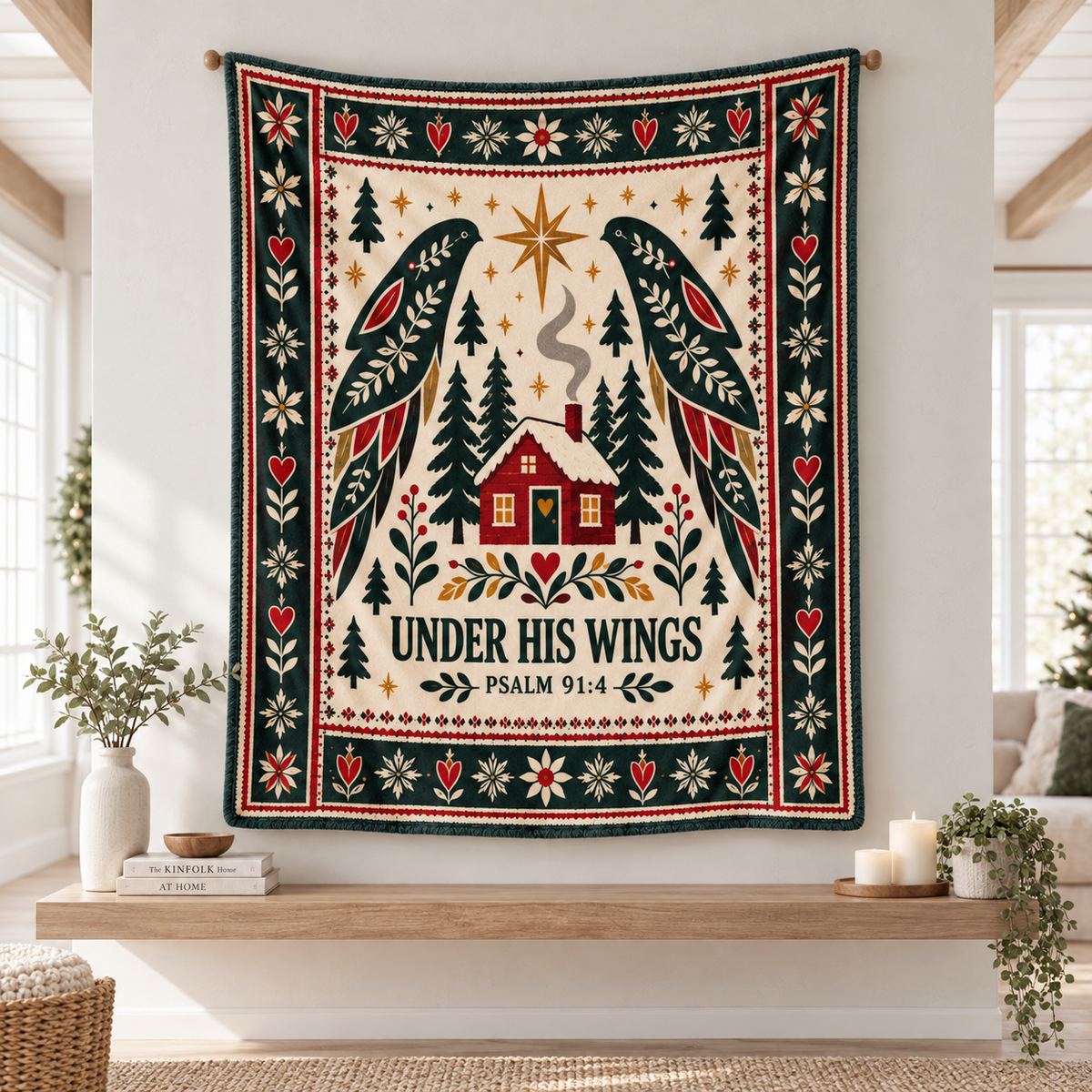 "Under His Wings" Psalm 91:4 Nordic Winter Cabin Throw Blanket – Christian Folk Art Decor