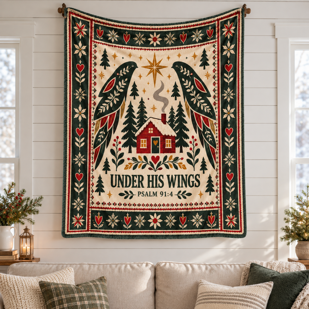 "Under His Wings" Psalm 91:4 Nordic Winter Cabin Throw Blanket – Christian Folk Art Decor