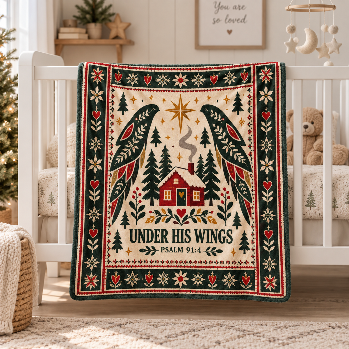 "Under His Wings" Psalm 91:4 Nordic Winter Cabin Throw Blanket – Christian Folk Art Decor