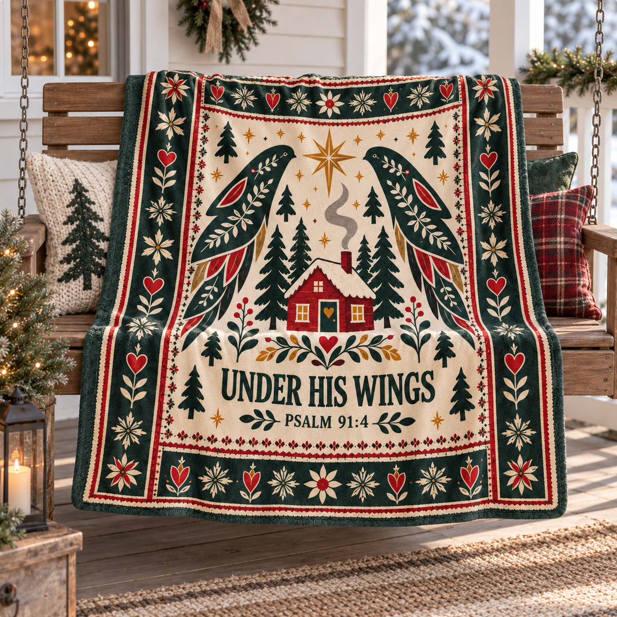 "Under His Wings" Psalm 91:4 Nordic Winter Cabin Throw Blanket – Christian Folk Art Decor