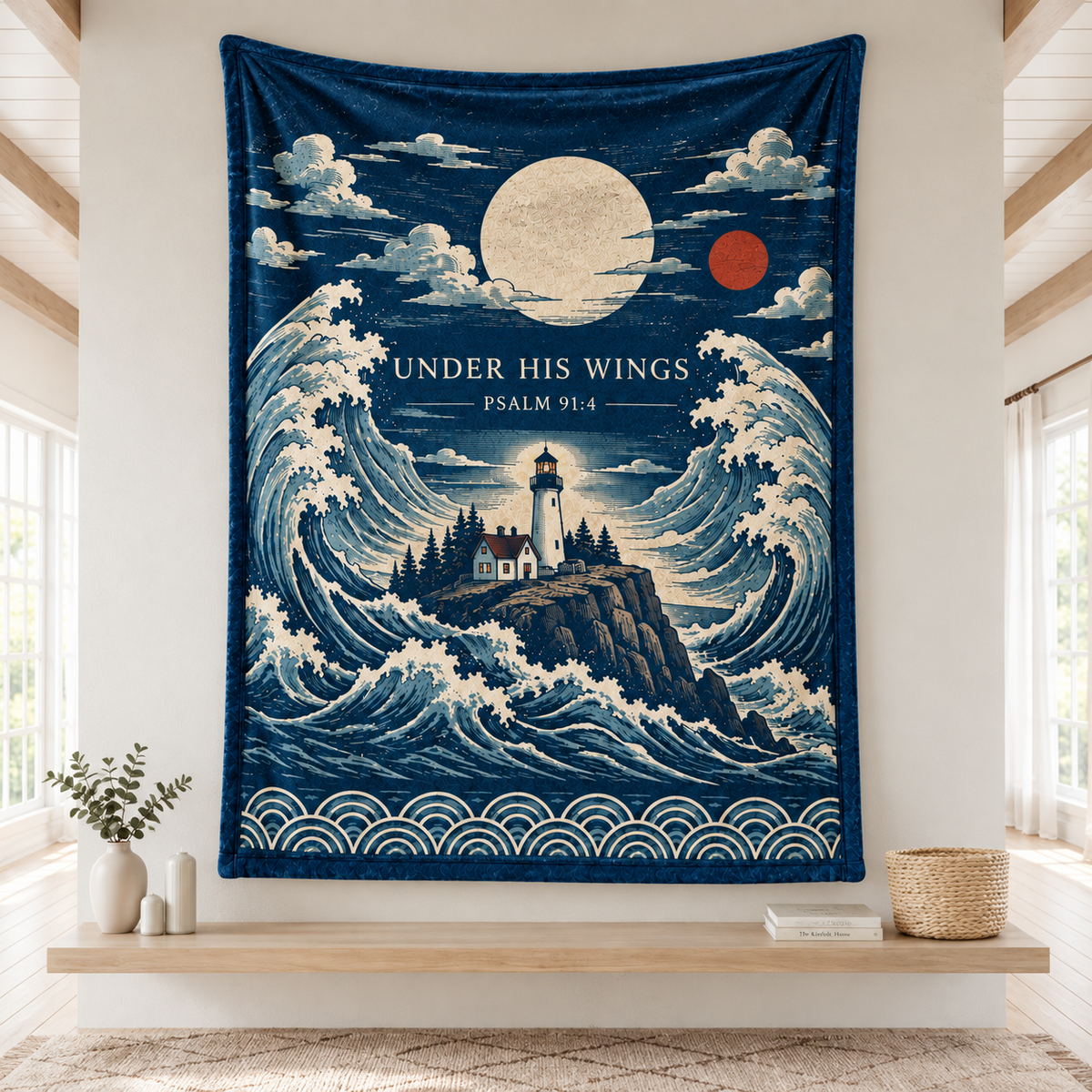 "Under His Wings" Psalm 91:4 Lighthouse & Ocean Wave Throw Blanket – Coastal Christian Decor