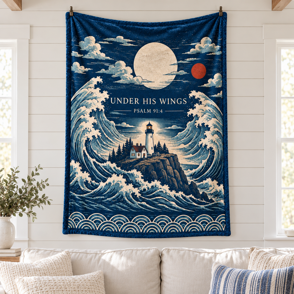 "Under His Wings" Psalm 91:4 Lighthouse & Ocean Wave Throw Blanket – Coastal Christian Decor