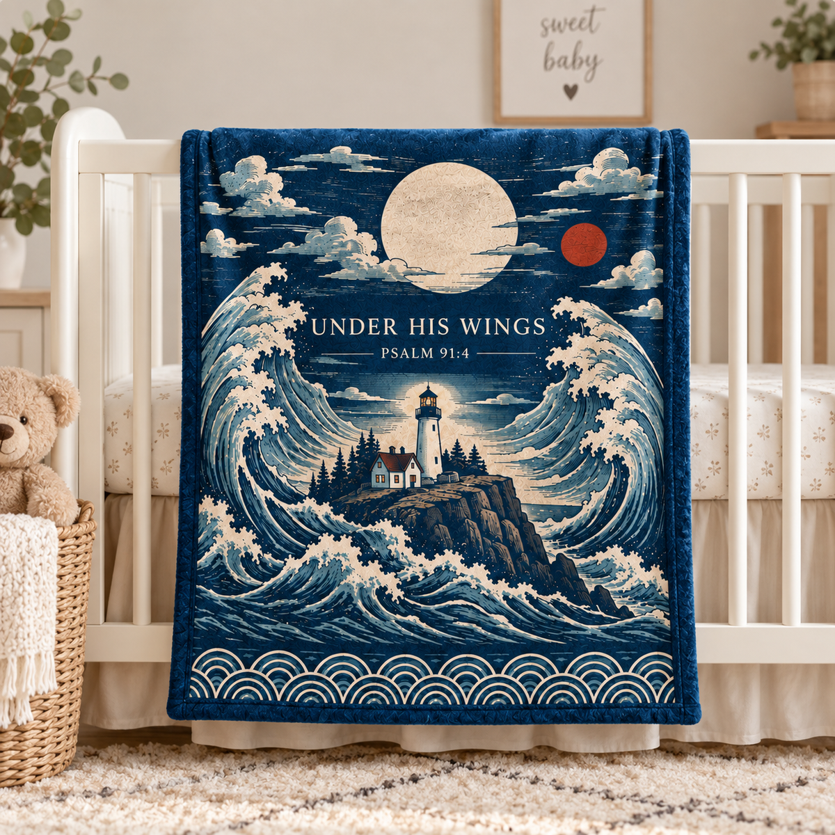 "Under His Wings" Psalm 91:4 Lighthouse & Ocean Wave Throw Blanket – Coastal Christian Decor