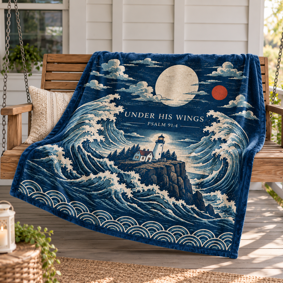 "Under His Wings" Psalm 91:4 Lighthouse & Ocean Wave Throw Blanket – Coastal Christian Decor