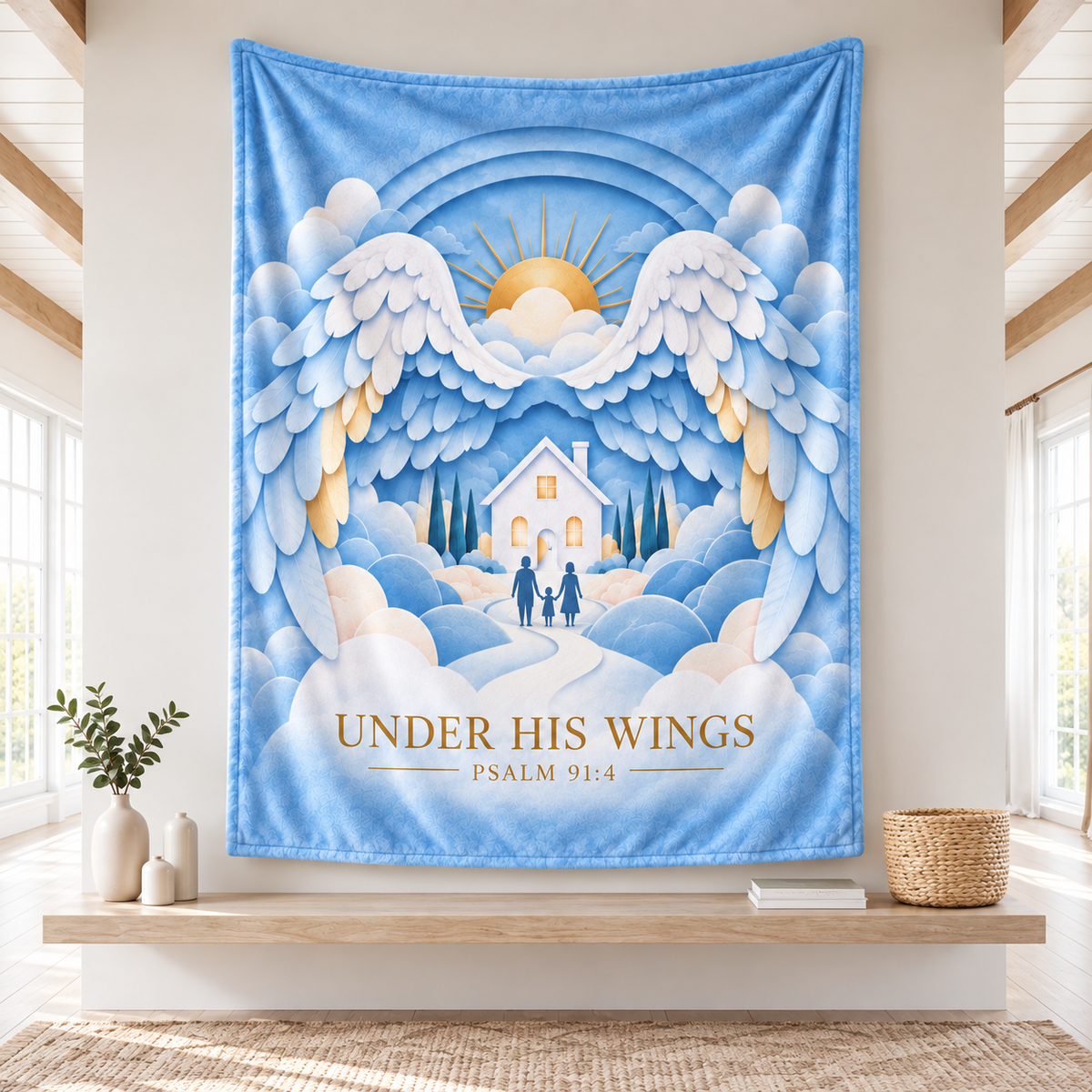 "Under His Wings" Psalm 91:4 Heavenly Family Throw Blanket – Ethereal 3D Papercut Art