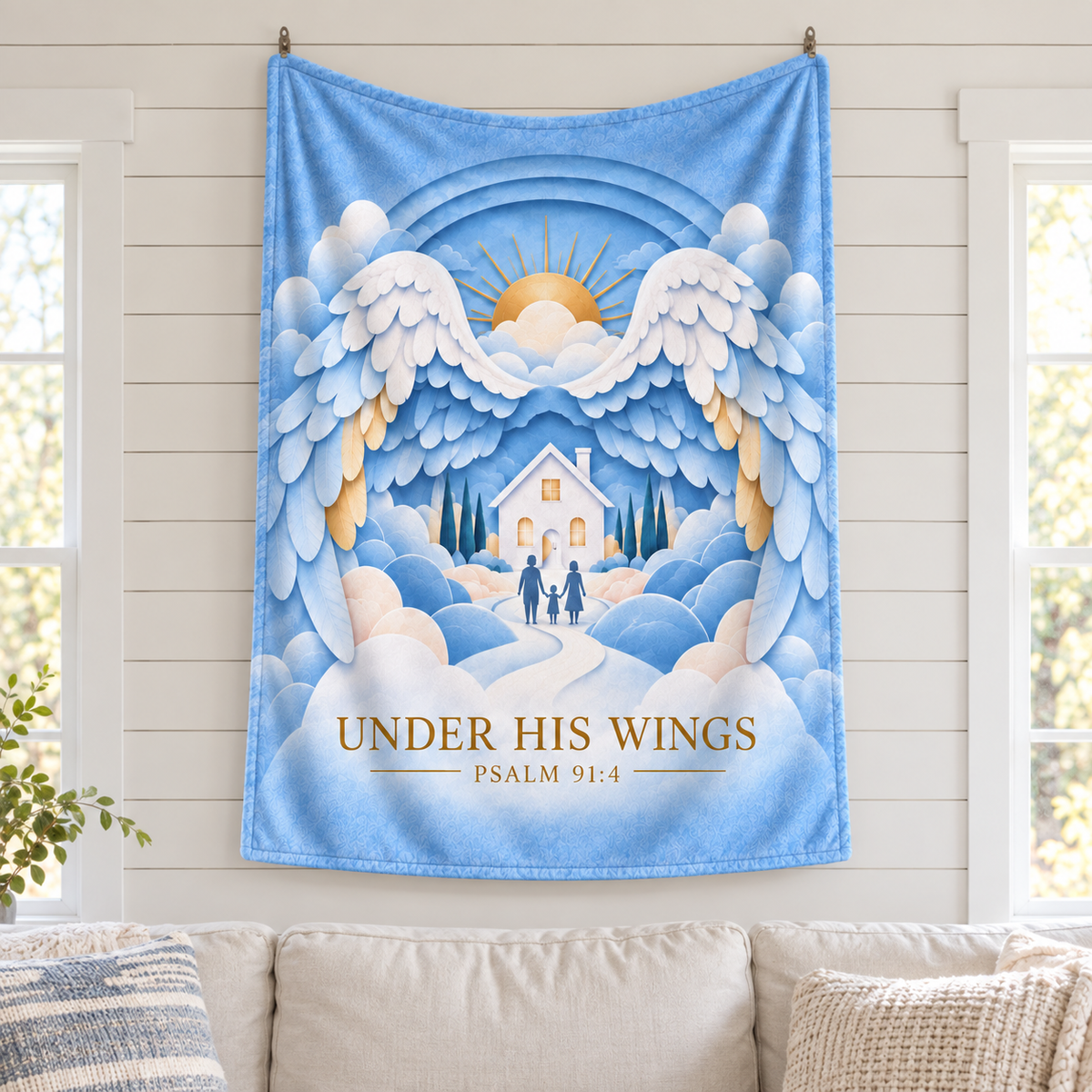 "Under His Wings" Psalm 91:4 Heavenly Family Throw Blanket – Ethereal 3D Papercut Art