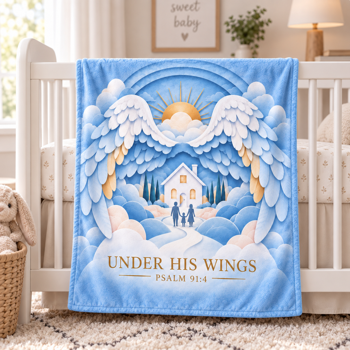 "Under His Wings" Psalm 91:4 Heavenly Family Throw Blanket – Ethereal 3D Papercut Art