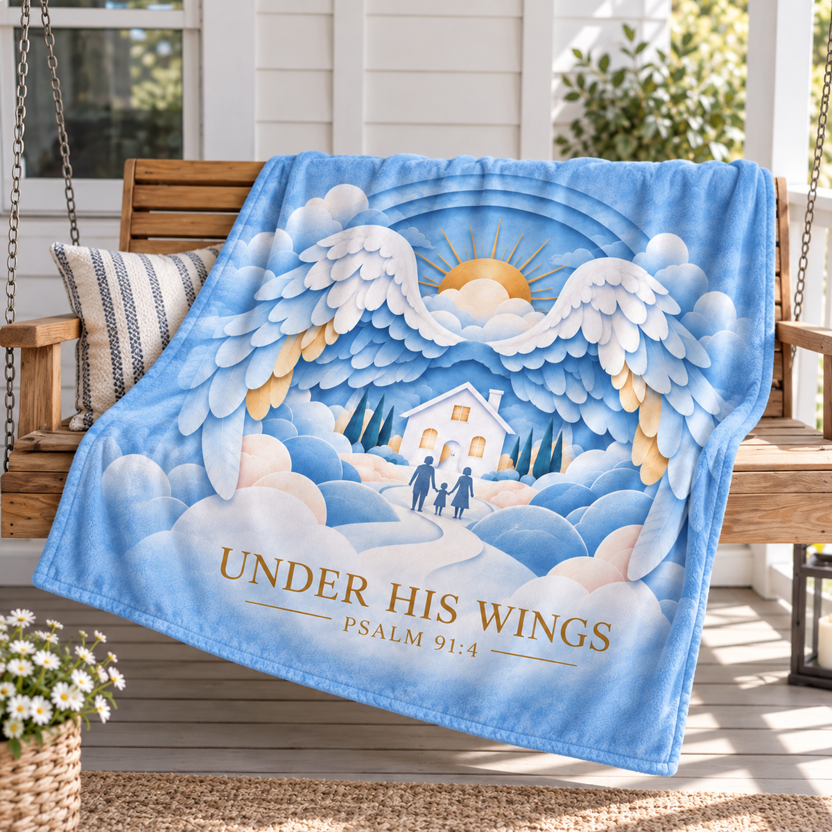 "Under His Wings" Psalm 91:4 Heavenly Family Throw Blanket – Ethereal 3D Papercut Art