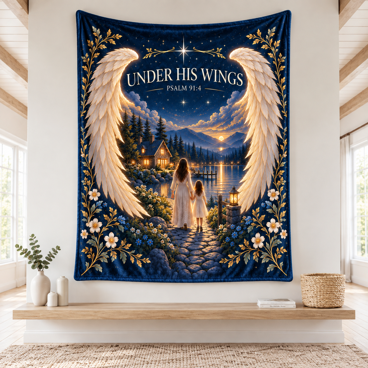 "Under His Wings" Psalm 91:4 Lakeside Refuge Throw Blanket – Mother & Daughter Twilight Art