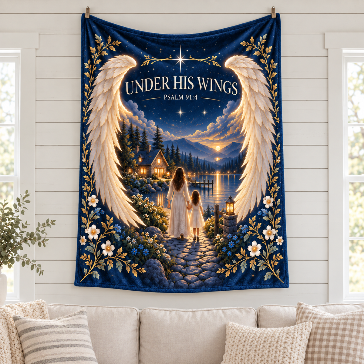 "Under His Wings" Psalm 91:4 Lakeside Refuge Throw Blanket – Mother & Daughter Twilight Art