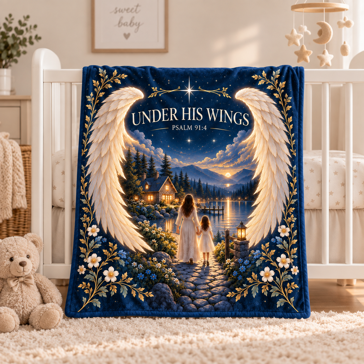 "Under His Wings" Psalm 91:4 Lakeside Refuge Throw Blanket – Mother & Daughter Twilight Art