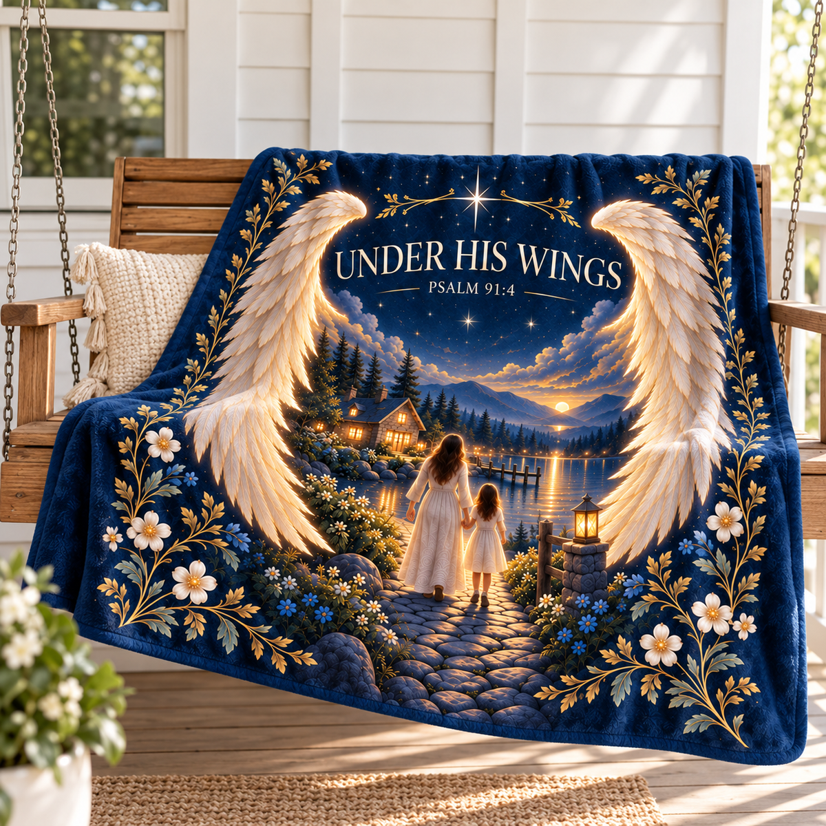 "Under His Wings" Psalm 91:4 Lakeside Refuge Throw Blanket – Mother & Daughter Twilight Art