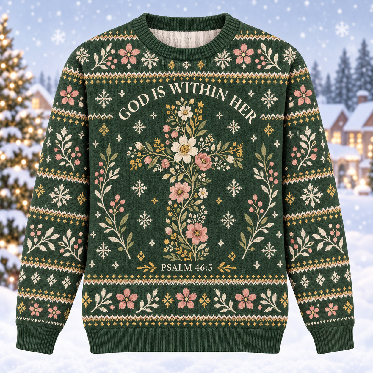 God Is Within Her Psalm 46:5 Christian Christmas Sweater – Floral Cross