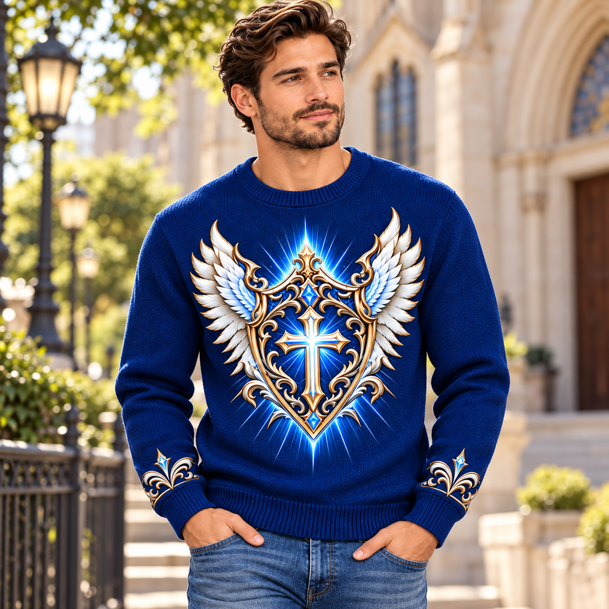 No Weapon Formed – Crowned Victory Royal Blue Christian Sweater