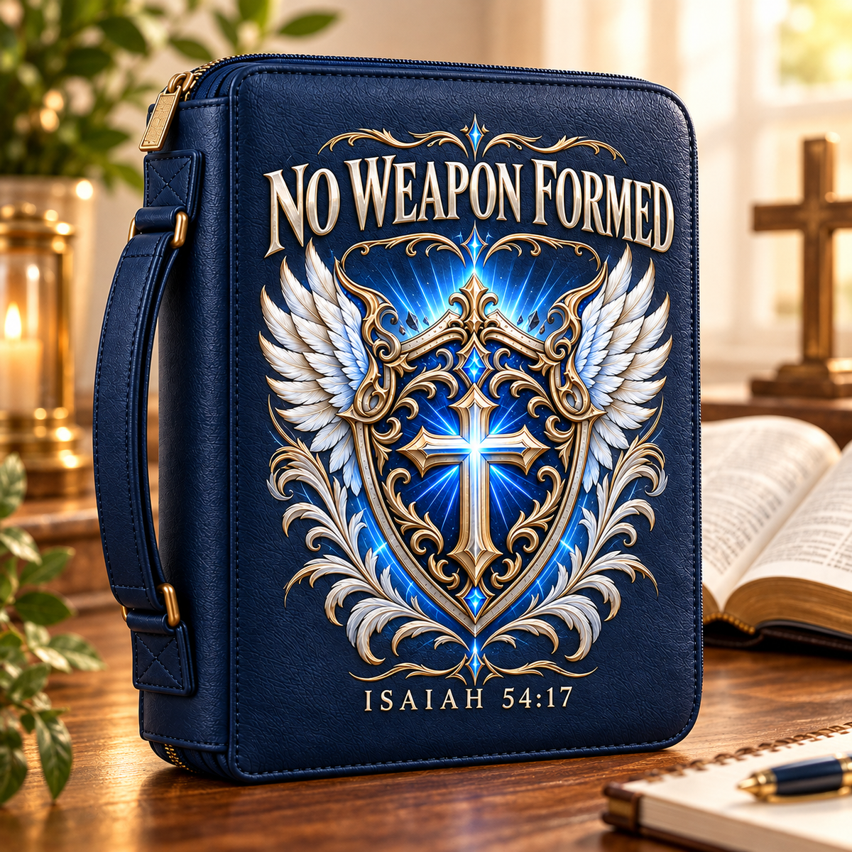 No Weapon Formed – Heavenly Shield Navy Blue Bible Cover