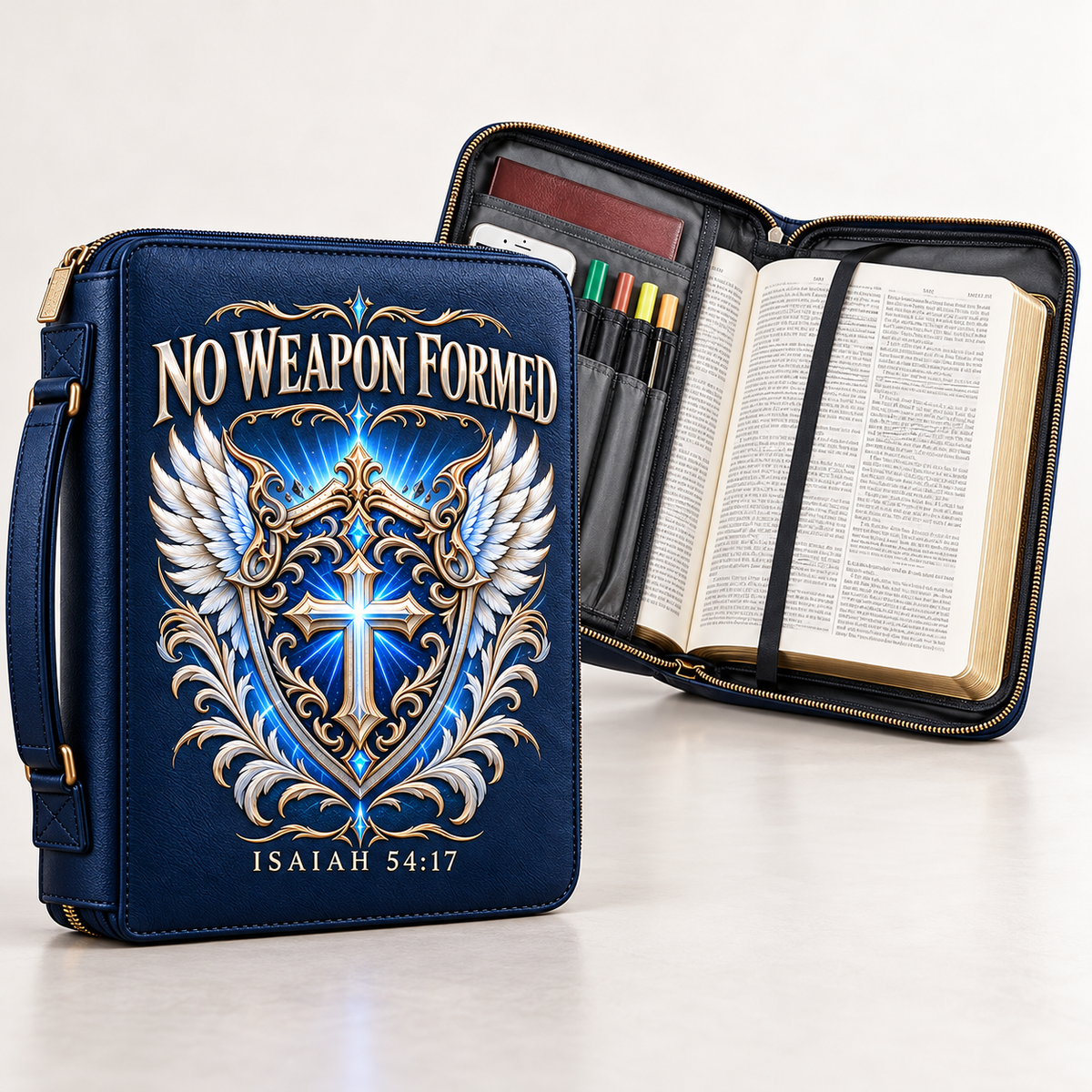 No Weapon Formed – Heavenly Shield Navy Blue Bible Cover