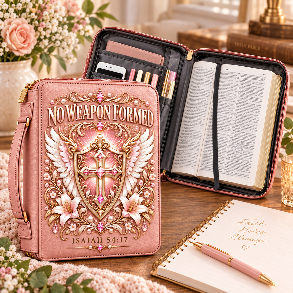 No Weapon Formed – Blush Pink Grace Shield Bible Cover