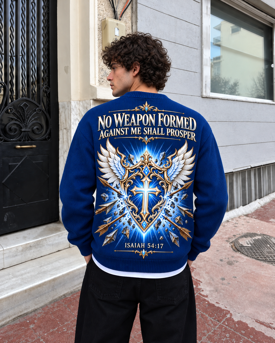 No Weapon Formed – Crowned Victory Royal Blue Christian Sweater