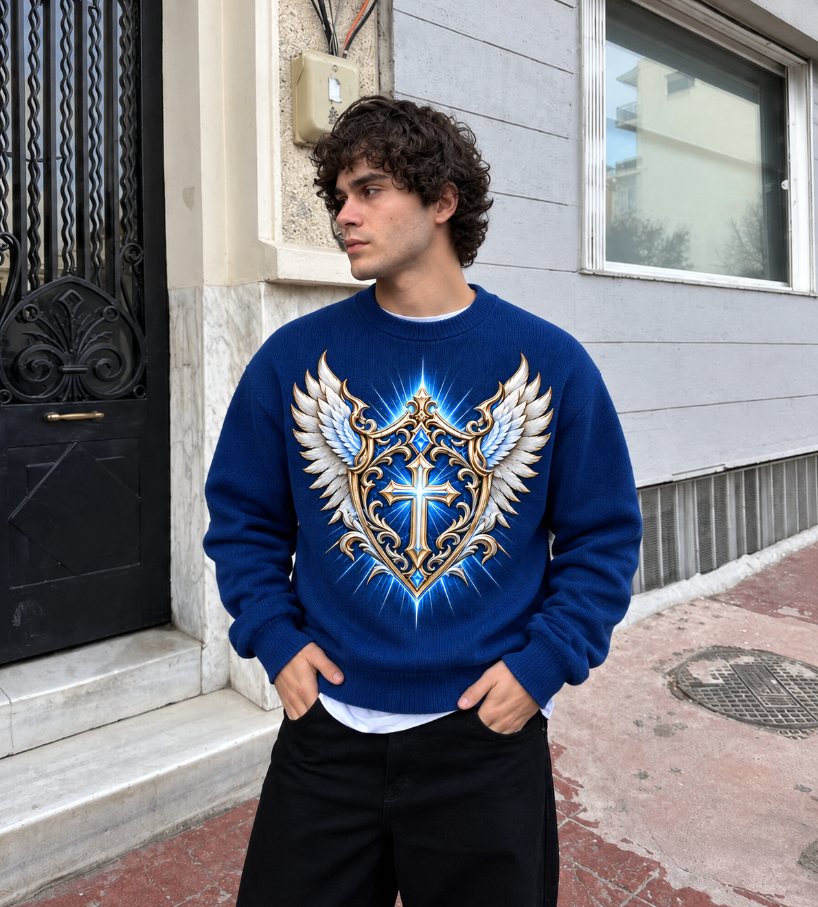 No Weapon Formed – Crowned Victory Royal Blue Christian Sweater