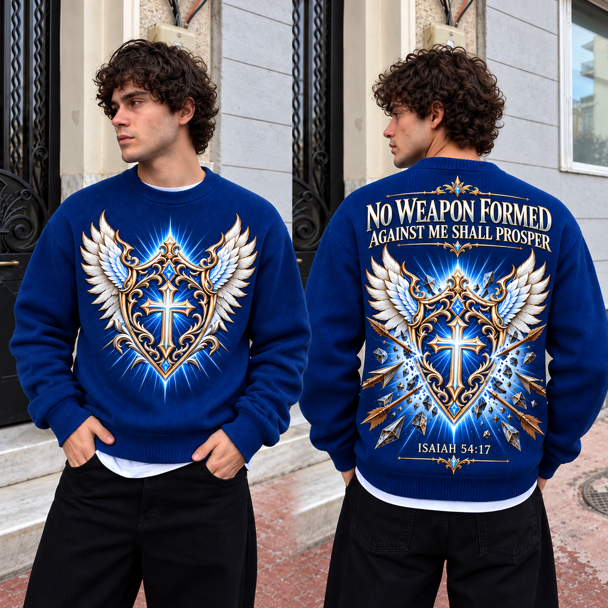 No Weapon Formed – Crowned Victory Royal Blue Christian Sweater