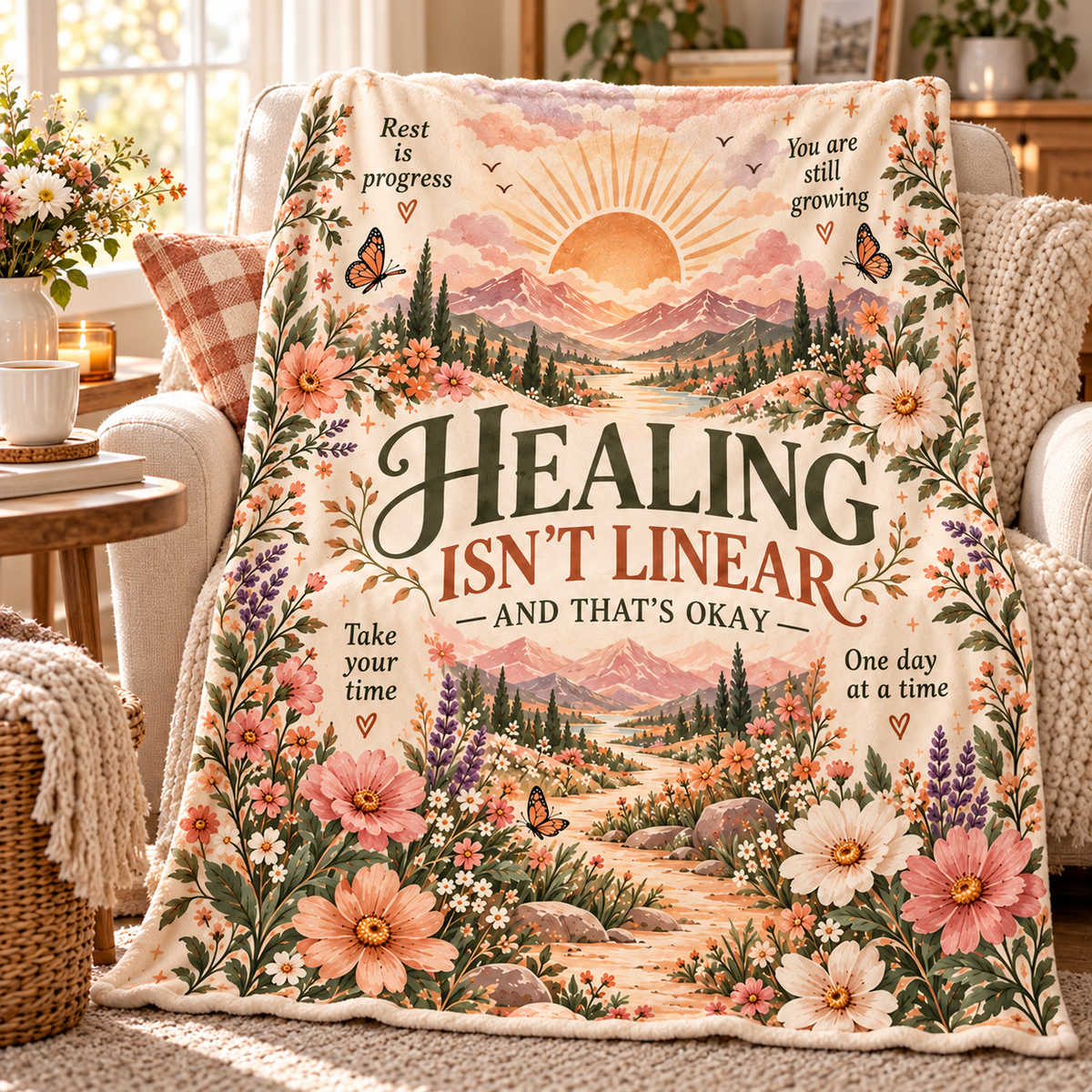 Butterfly Garden Healing Isn’t Linear Affirmation Blanket
