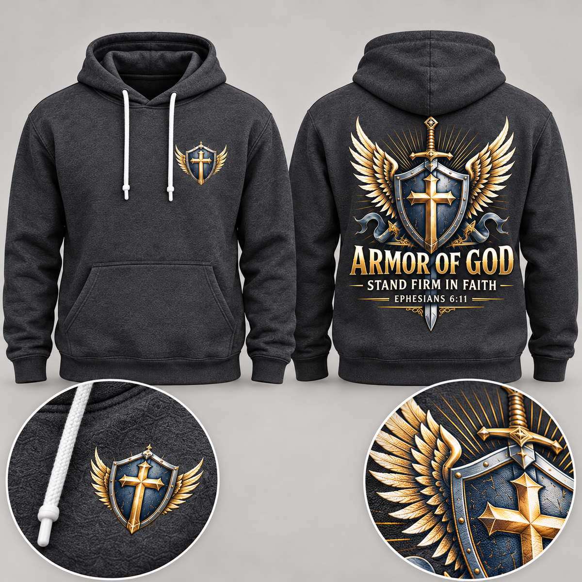 Charcoal Gray Armor of God Hoodie – Stand Firm in Faith | Ephesians 6:11