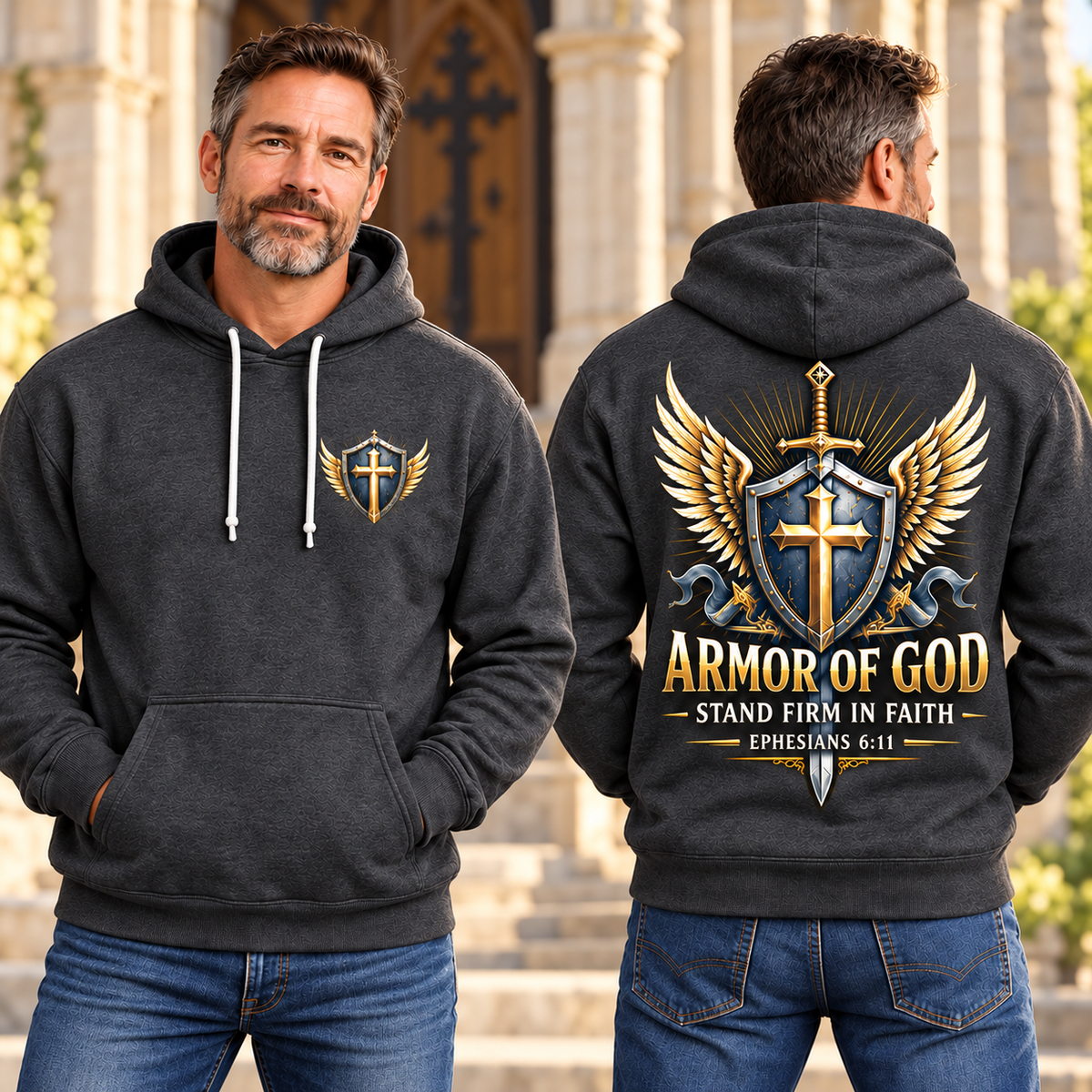Charcoal Gray Armor of God Hoodie – Stand Firm in Faith | Ephesians 6:11