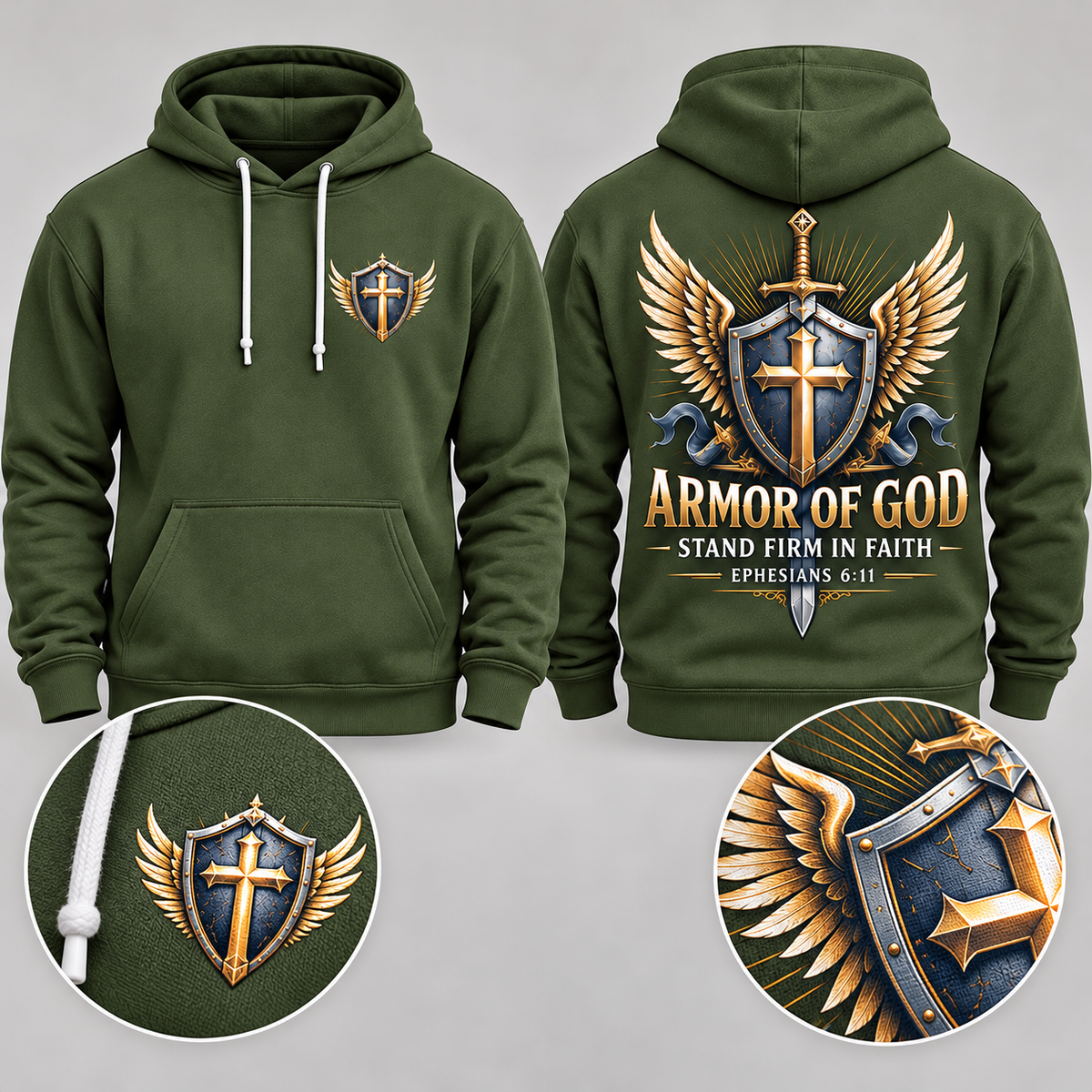 Olive Green Armor of God Hoodie – Stand Firm in Faith | Ephesians 6:11