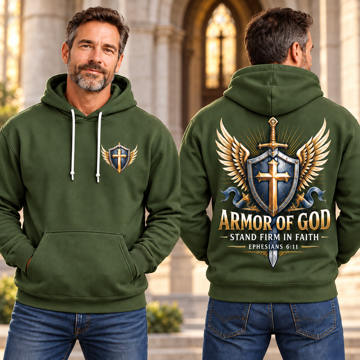 Olive Green Armor of God Hoodie – Stand Firm in Faith | Ephesians 6:11