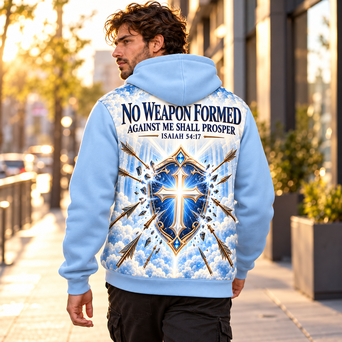 No Weapon Formed – Heavenly Shield Ice Blue Christian Hoodie