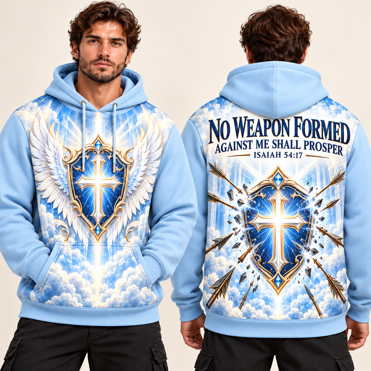 No Weapon Formed – Heavenly Shield Ice Blue Christian Hoodie