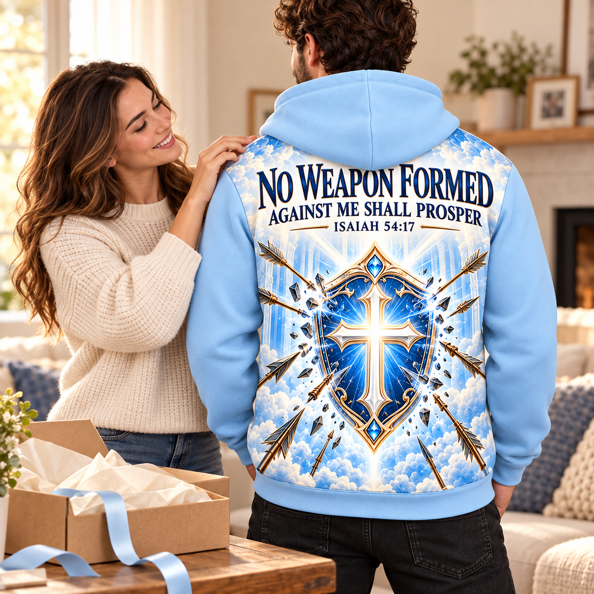 No Weapon Formed – Heavenly Shield Ice Blue Christian Hoodie