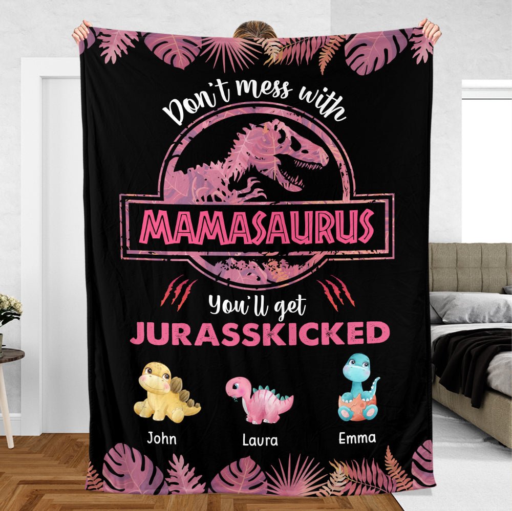 Don't Mess With Mamasaurus (Black) - Personalized Blanket - Best Gift For Mother, Grandma - Giftago