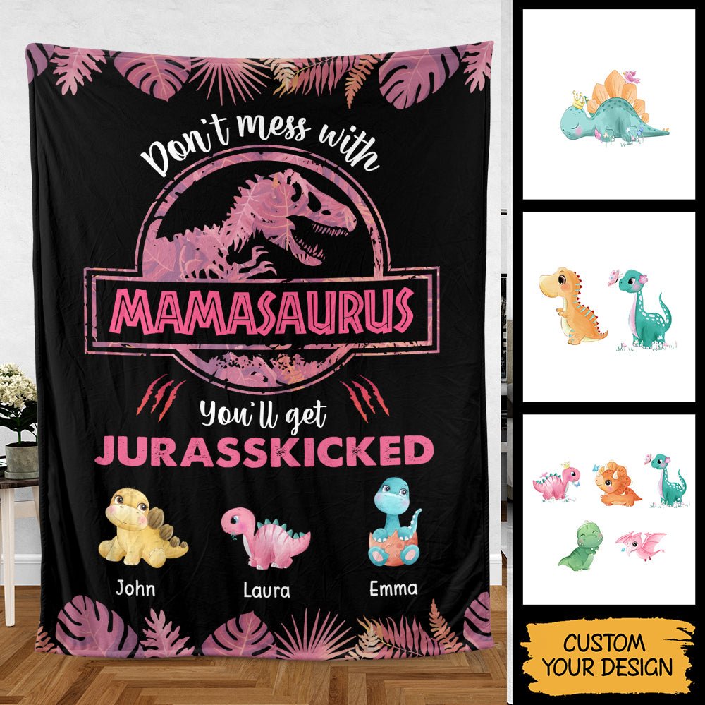 Don't Mess With Mamasaurus (Black) - Personalized Blanket - Best Gift For Mother, Grandma - Giftago