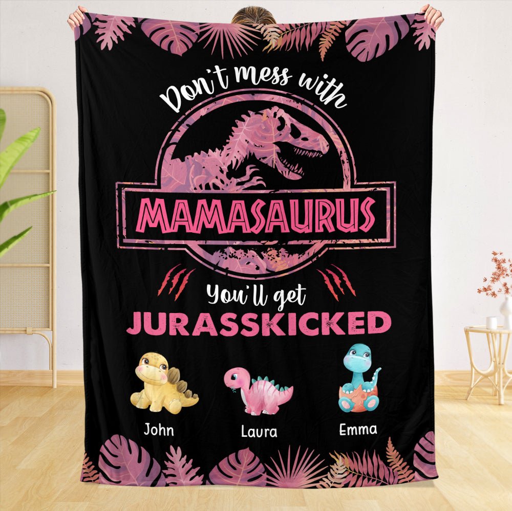Don't Mess With Mamasaurus (Black) - Personalized Blanket - Best Gift For Mother, Grandma - Giftago